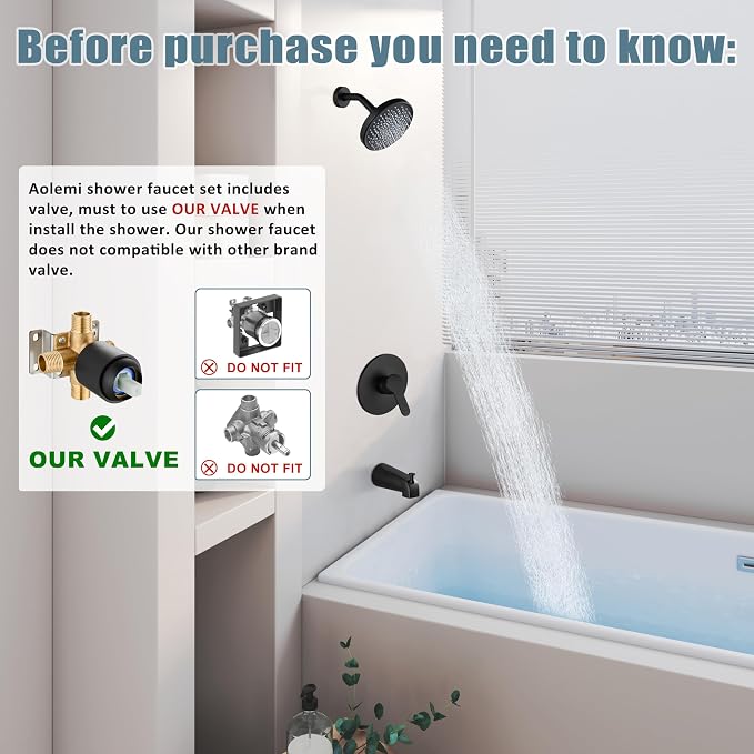 Aolemi Tub Shower Faucet Set With Valve Wall Mount Shower Trim Kit 6 Inch Bathtub Fixtures Rough-in Valve Single-Spray Shower Head System 5.3 Inch Tub Spout Matte Black Modern - Image 2