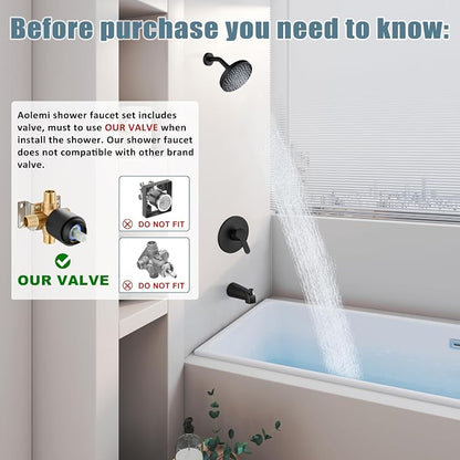 Aolemi Tub Shower Faucet Set With Valve Wall Mount Shower Trim Kit 6 Inch Bathtub Fixtures Rough-in Valve Single-Spray Shower Head System 5.3 Inch Tub Spout Matte Black Modern - Image 2