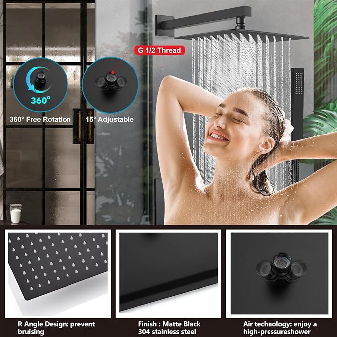 Midanya Shower System with Tub Spout,Bathtub Shower Faucet Set with Square Rainfall Head and Handheld Sprayer Wall Mount Tub Faucet Set with Valve and Trim Kit,10 Inch Matte Black - Image 8