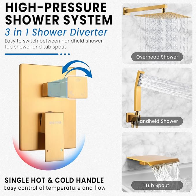 Wall Mounted Shower Faucet Set, Shower System with Tub Spout, 10 Inch Rainfall Shower Head with Handheld Spray, Waterfall Tub Spout Bathtub Faucet, Brushed Gold - Image 2