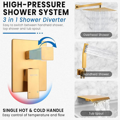 Wall Mounted Shower Faucet Set, Shower System with Tub Spout, 10 Inch Rainfall Shower Head with Handheld Spray, Waterfall Tub Spout Bathtub Faucet, Brushed Gold - Image 2