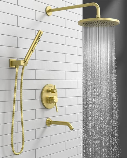 Lava Odoro Modern 3-Setting Round Rain Bathtub and Shower Faucet Set, Gold Rainfall Shower Head and Handle Set, Rain Shower System with Tub Spout, Shower Valve Trim Kit, Brushed Gold, SF104-SG-T - Image 2