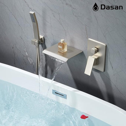 Upgraded Wall Mount Tub Filler Faucet with Handheld Shower, DASAN Modern Wall Mounted Bathtub Faucet Brushed Nickel High Flow Waterfall Tub Faucet with Rough in Valve, SA-TF04WH-BN - Image 4