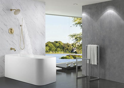 SUMERAIN Shower System with Tub Spout and Handheld Shower, Brass Rain Shower Tub Set with 8 Inches Shower Head and Rough in Valve Brushed Gold - Image 4