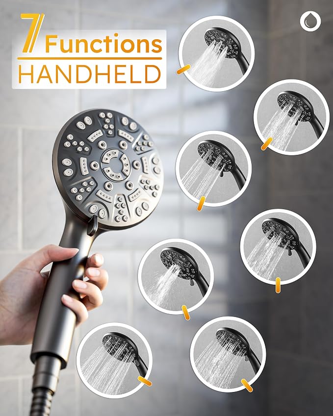 Shower Tub Faucet Head Set Black : WOWOW Black Shower Head and Handle Set with 7 Modes Handheld Shower Head with Hose and Tub Spout, Dual 2 In 1 Shower System Combo Single Handle (Brass Valve Include) - Image 4