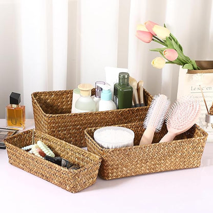 3 Natural Wicker Basket Set Rectangular Handwoven Seagrass Basket Storage Bins - Image 7