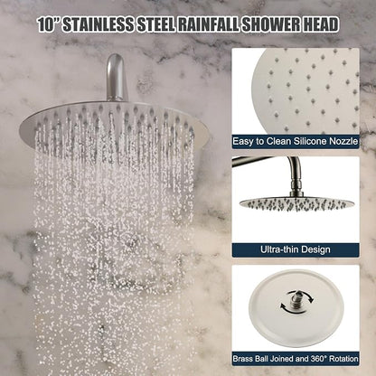 MONDAWE Round Shower Faucet Set with Tub Spout, Wall Mounted Shower System 10 Inch Rainfall Shower Head with Handheld Combo, Brushed Nickle High Pressure Shower Faucets Sets Complete - Image 8