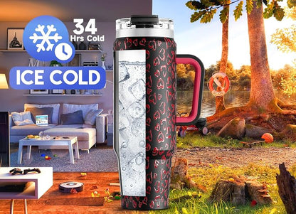 Meoky 40 oz Tumbler with Handle and Straw, Insulated Tumbler with Lid and Straw, Stainless Steel Travel Mug, Keeps Cold for 34 Hours, 100% Leak Proof, Fits in Car Cup Holder (Heart) - Image 2