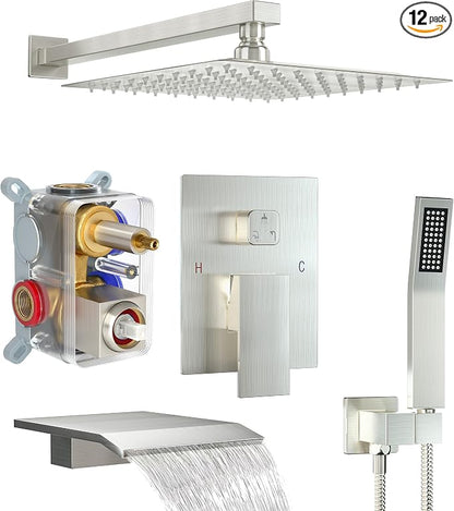 Shower System with Tub Spout, 10-Inch High-Pressure Rain Showerhead and Handheld Combo, Brushed Nickel Shower Faucet Set with Rough-in Valve and Trim Kit, Wall Mounted All-Metal Shower Set by Fatspas