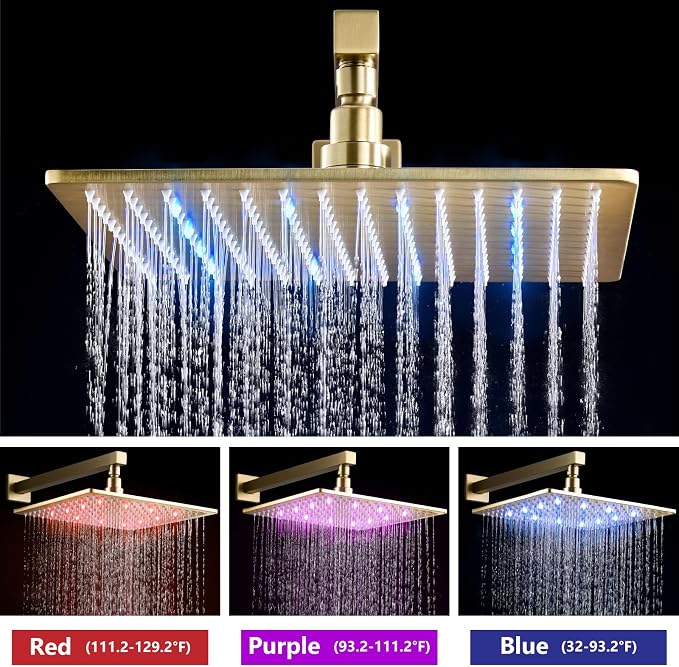 Aolemi Shower Faucet Set with Handheld Spray High Pressure Shower System Shower Faucets Sets Complete Rough-in Valve and Shower Trim Kit Wall Mount Rainfall 12 Inch LED Shower Head Brushed Gold - Image 2