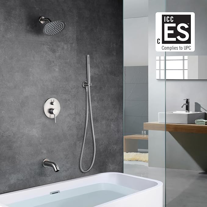 Brushed Nickel Shower System with Waterfall Tub Spout, 8 Inches Rain Shower and Handheld - Image 2