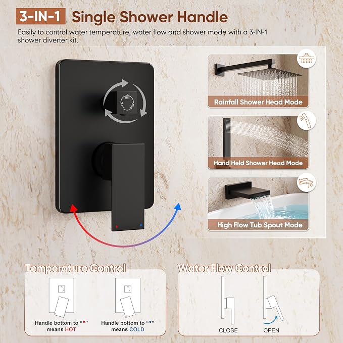 Kurpot Shower System with Tub Spout, All Metal Matte Black Shower Faucet Set with Valve, 10'' Rain Shower Head with Handheld Spray, 59'' Shower Hose and Diverter, Wall Mounted Bath Tub Faucet Set - Image 7