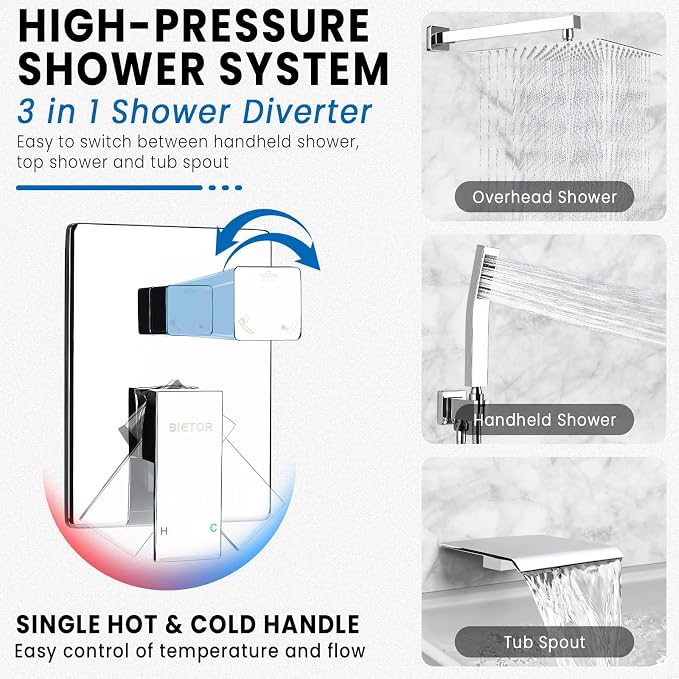 Wall Mounted Shower Faucet Set, Shower System with Tub Spout, 10 Inch Rainfall Shower Head with Handheld Spray, Waterfall Tub Spout Bathtub Faucet, Chrome - Image 2