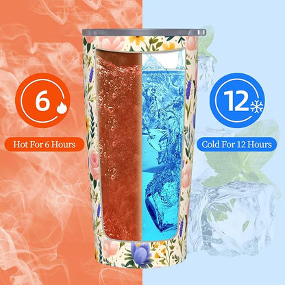 Floral Tumbler with Lid and Straw 20oz Vacuum Insulated Coffee Cup Stainless Steel Tumblers Leakproof Travel Mug Present for Women Men - Image 6