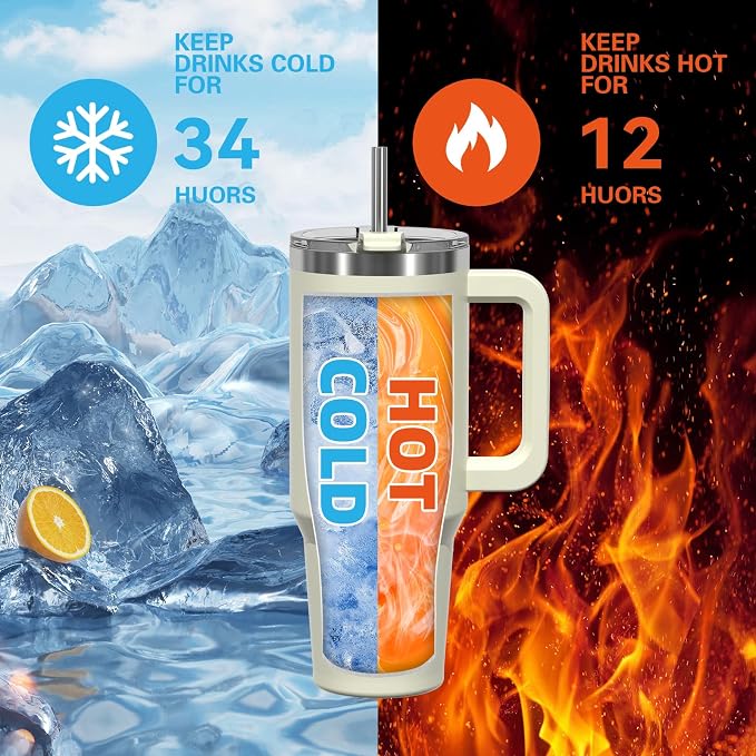 30 oz Tumbler with Handle,Tumbler with Lid and Straw,Double Wall Insulated Cup Stainless Steel Travel Mug(Cold for 34 Hours),Water Bottle for Iced Tea,Coffee,Cold Beverages(Cream White) - Image 2