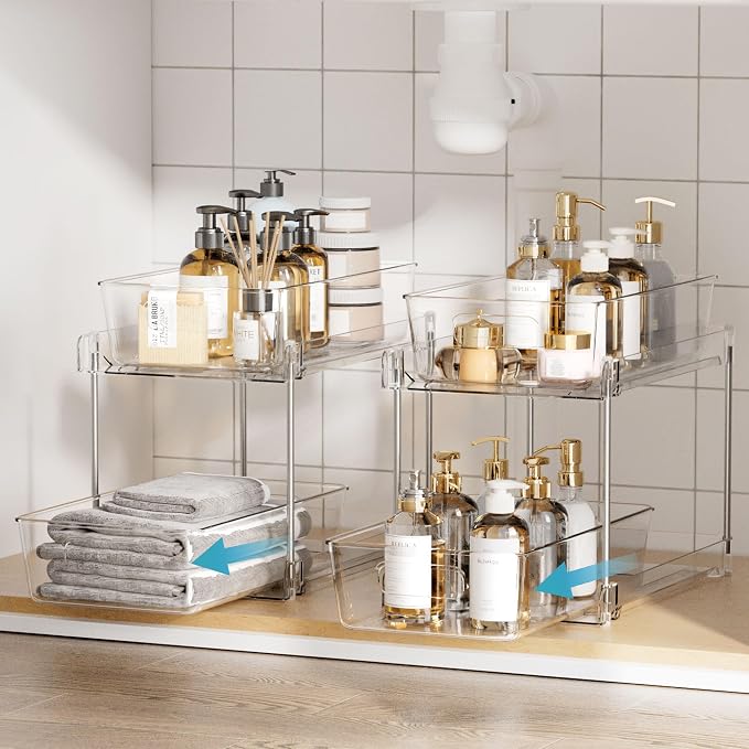 Vtopmart 4 Pack Bathroom Under Sink Organizers Organizer, 2 Tier Clear Pull-Out - Image 4