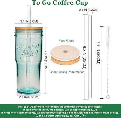 ANOTION Colored Glass Cups with Lids and Straws - 24oz Travel Coffee Mug Wide Mouth Mason Jar Iced Coffee Cup Smoothie Cup Glass Tumbler Tea Cup Clear Cute Water Cups Colorful Drinking Glasses - Image 2