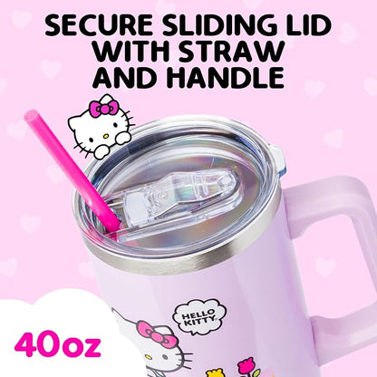 Silver Buffalo Sanrio Hello Kitty Spring and Summer Flowers Rainbow Stripes Double Walled Stainless Steel Tumbler with Handle and Straw, Fits in Standard Cup Holder, 40 Ounces - Image 4