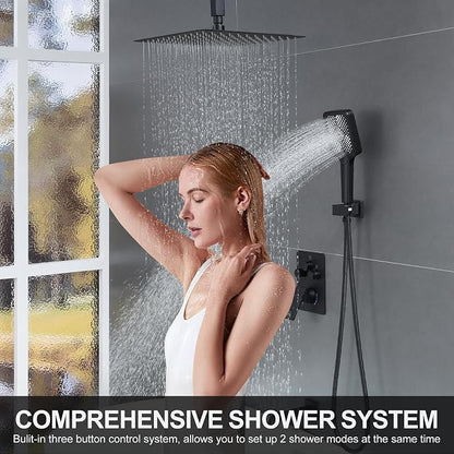 Bathtub Shower Faucet Set with Pressure Balance Valve, 12" Ceiling Mount Shower System with Tub Spout Multi-function Handheld Head Push Button Diverter Shower Trim Kit, Matte Black - Image 5
