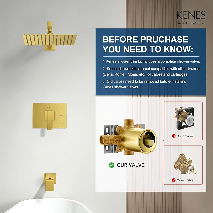 KENES Brushed Gold Tub and Shower Trim Kit, Square Tub Shower Faucet Set Complete with 10-Inch Rainfall Shower Head and Tub Spout, KE-6024A-4 (Shower Valve Included) - Image 3