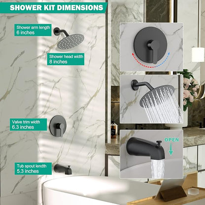 Esnbia Matte Black Shower Faucet Set, 8-Inch Rain Shower Head and Handle Set, Bathtub Shower Faucet Set with Single Handle and Tub spout, Shower Valve Included, Matte Black - Image 3