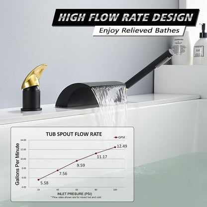 SUMERAIN Waterfall Roman Tub Faucet Deck Mount Bathtub Faucet Brass Tub Filler with Hand Shower, Black and Gold Finish - Image 3