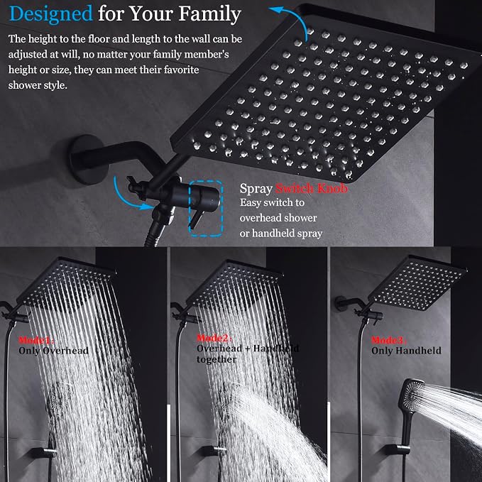 Shower Faucet Set with Tub Spout Matte Black 10 Inch Rainfall Shower with 4 Setting Spray Mixer Shower System Modern Luxury Wall Mounted Tub Shower Faucet Set Rough-in Valve Body (Matte Black) - Image 5
