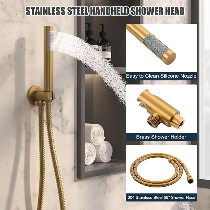 MONDAWE Round Shower Faucet Set with Tub Spout, Wall Mounted Shower System 10 Inch Rainfall Shower Head with Handheld Combo, Brushed Gold High Pressure Shower Faucets Sets Complete - Image 8