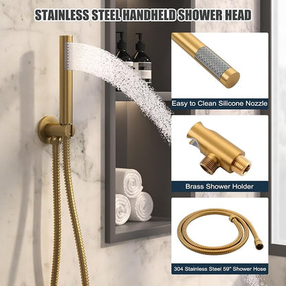 MONDAWE Round Shower Faucet Set with Tub Spout, Wall Mounted Shower System 10 Inch Rainfall Shower Head with Handheld Combo, Brushed Gold High Pressure Shower Faucets Sets Complete - Image 8