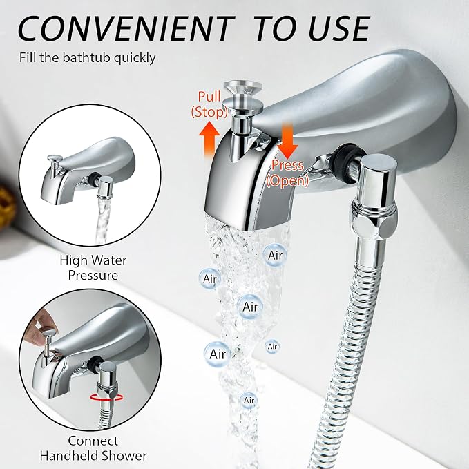 Chrome Tub Spout with Diverter, 5 Settings All Metal Bathtub Faucet with Spraye High Pressure Bath Tub Spout Faucet Set - Image 4