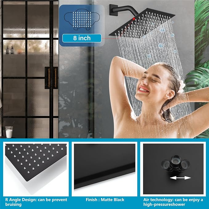 Midanya 3 Handle Tub Shower Faucet with Tub Spout,8-inch Rainfall Bathtub Rain Shower Faucet Set and Rough-in Valve Wall Mount Bathroom Trim Kit Shower System, Square Shower Head Matte Black - Image 2