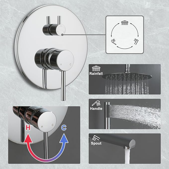 MONDAWE Round Shower Faucets Sets Complete with Tub Spout, Wall Mounted Shower System 10 Inch Rainfall Shower Head with Handheld Combo, Chrome High Pressure Shower Faucet Set - Image 4