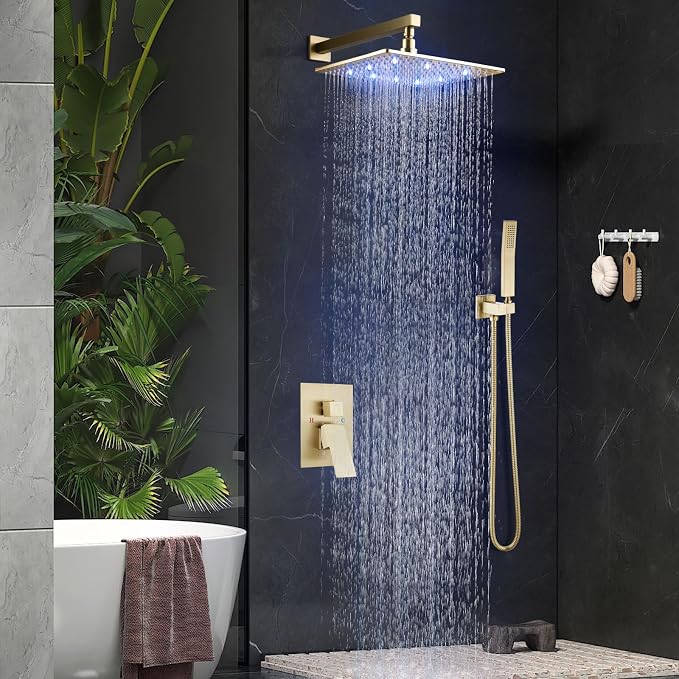 Aolemi Shower Faucet Set with Handheld Spray High Pressure Shower System Shower Faucets Sets Complete Rough-in Valve and Shower Trim Kit Wall Mount Rainfall 10 Inch LED Shower Head Brushed Gold - Image 4