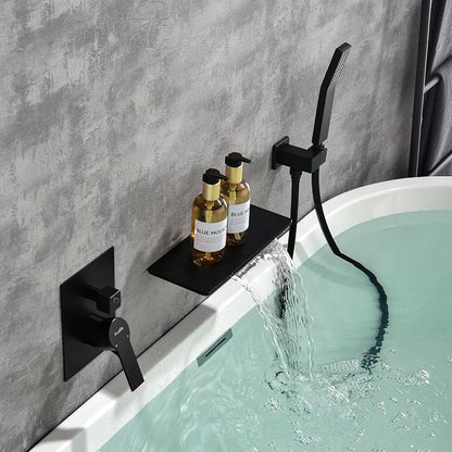 SHAMANDA Waterfall Bathtub Faucet with Sprayer, Wall Mount Tub Filler with Hand Shower, Single Handle Tub Faucet with Handheld Shower Head(Rough-In Valve Body and Trim Included), Matte Black, L902-7 by SHAMANDA