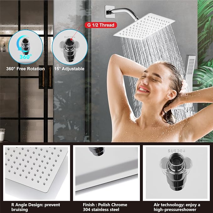 Midanya Shower System with Tub Spout,Bathtub Shower Faucet Set with Square Rainfall Head and Handheld Sprayer Wall Mount Tub Faucet Set with Valve and Trim Kit,8 Inch Polish Chrome - Image 8