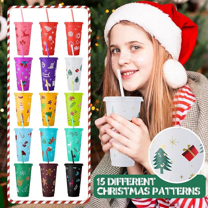 Honeydak 30 Pcs 24 oz Christmas Cups Gifts Bulk Christmas Tumbler with Straw and Lid Elk Xmas Reusable Plastic Coffee Cup Winter Water Bottle Iced Travel Mug for Holiday Party Birthdays - Image 2