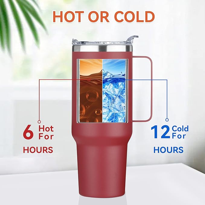 HASLE OUTFITTERS 40 oz Stainless Steel Tumbler with Handle, Vacuum Insulated Tumblers Bulk, Reusable Double Wall Travel Coffee Mug, Durable Powder Coated Water Bottles(Wine Red, 1) - Image 2