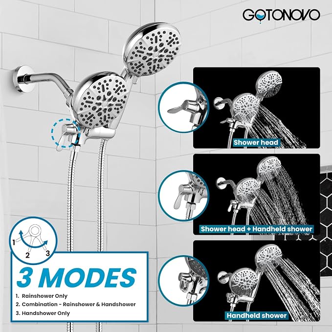 gotonovo Tub Shower Faucet Set,2 in 1 Dual Shower Head and Handle Set with Tub Spout Wall Mount Bathroom Shower Trim Kit with 3-way Water Diverter Valve Included Various Modes Polished Chrome - Image 4
