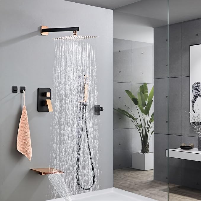 Rainfall Shower Faucet Set with Tub Spout 8 Inch, Shower Head and Handle with 2 Hooks, Rain Shower and Handheld Shower System Square Wall Mount for Bathroom - Image 9