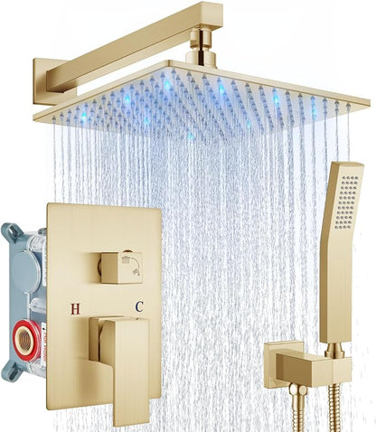 Aolemi Shower Faucet Set with Handheld Spray High Pressure Shower System Shower Faucets Sets Complete Rough-in Valve and Shower Trim Kit Wall Mount Rainfall 10 Inch LED Shower Head Brushed Gold by Aolemi