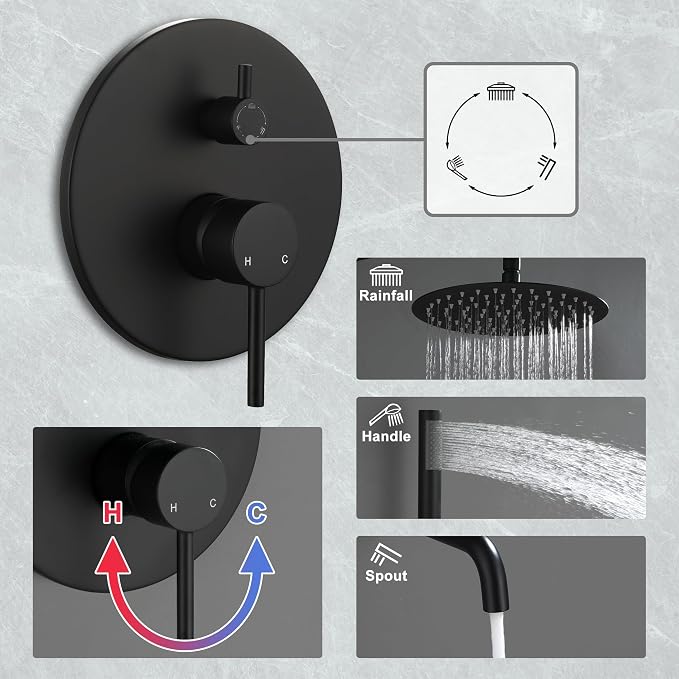 MONDAWE Round Shower Faucet Set with Tub Spout, Wall Mounted Shower System 10 Inch Rainfall Shower Head with Handheld Combo, Matte Black High Pressure Shower Faucets Sets Complete - Image 5