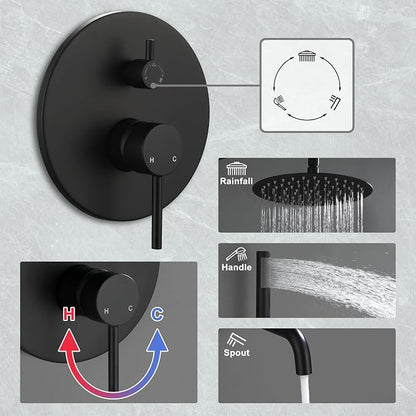 MONDAWE Round Shower Faucet Set with Tub Spout, Wall Mounted Shower System 10 Inch Rainfall Shower Head with Handheld Combo, Matte Black High Pressure Shower Faucets Sets Complete - Image 5