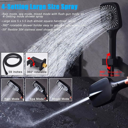 Shower System with Tub Spout 10 Inch Overhead Shower 4 Setting Handheld Spray Rough In Pressure Balance Valve Body with Trim Kit Wall Mounted Rainfall Bathtub Shower Faucet Set (Matte Black) - Image 5