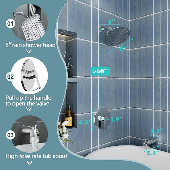Tub Shower Faucet, Polished Chrome Shower Faucet Set with 8-Inch All-Metal Rainfall Showerhead and Bathtub Spout, Single-Handle Tub Shower-Trim Kit Included Valve, Polished Chrome - Image 3