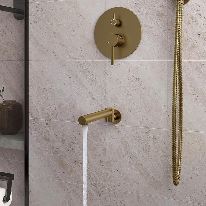 MONDAWE Round Shower Faucets Sets Complete with Tub Spout, Wall Mounted Shower System 10 Inch Rainfall Shower Head with Handheld Combo, Brushed Gold High Pressure Shower Faucet Set - Image 9