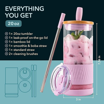 Pandaloo® Glass Cups With Lids and Straws -20 Fl Oz- Perfect Size Iced Coffee Cup - Smoothie Cup With Bamboo Lid and On the go Lid - Glass Tumbler With Straw (1 Count (Pack of 1), Lilac Rhapsody) - Image 2