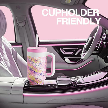 POWCAN 40 oz Tumbler with Handle, 2-in-1 Straw and Sip Lid, Leakproof, Dishwasher Safe, Insulated Stainless Steel Travel Coffee Mug, Keeps Cold for 34 Hours, Fits in Car Cup Holder (Pink Ladies) - Image 5