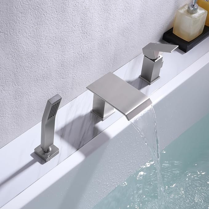 Roman Tub Faucet with Hand Shower, Deck Mount 3 Hole Bath Tub Faucet Set Bathtub Faucet with Handheld Sprayer, Brushed Nickel - Image 2