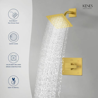 KENES Brushed Gold Shower Faucet, Modern Square 6-Inch Shower Head and Handle Set, Bathroom Rainfall Shower System Wall Mount, KE-6025B-4 (Including Shower Valve) - Image 9