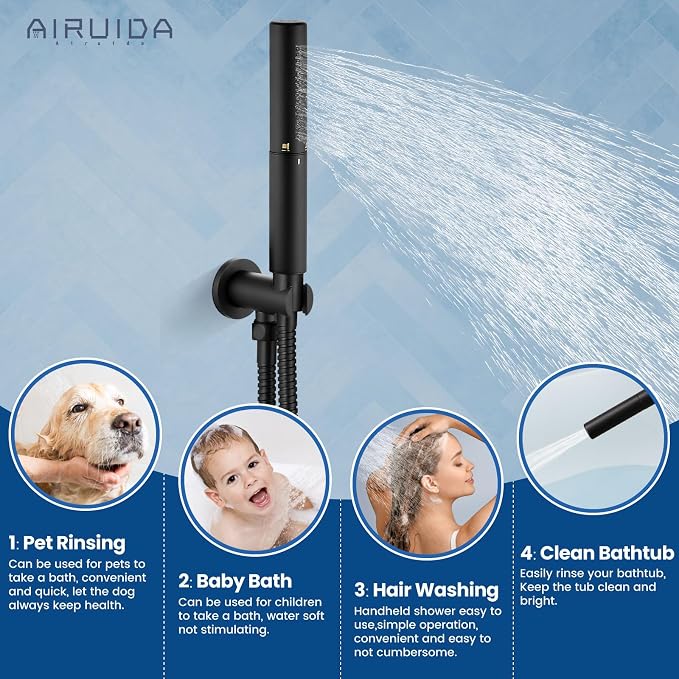 Airuida 3-Function Rain Shower System Set – Wall Mount Tub Shower Combo with Handheld Shower and Tub Spout,12 Inch Shower Head,Matte Black - Image 8